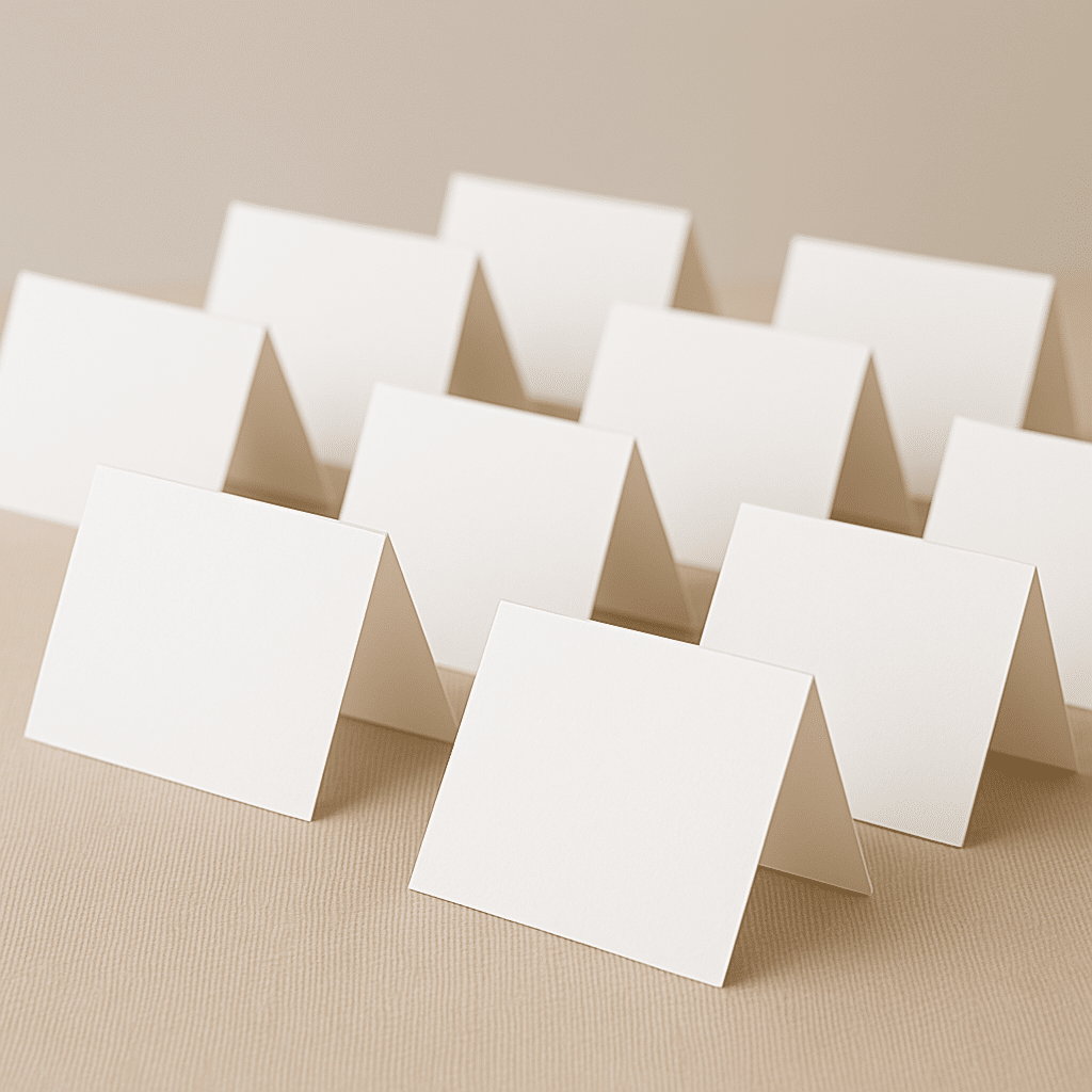 Scored card tent cards arranged in rows on a display table